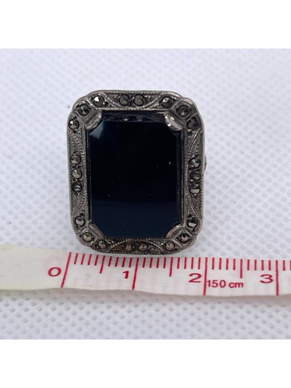 Art Deco Ring Black Onyx Marcasite Sterling Silver Statement Estate Size 6.25 - Picture 9 of 12